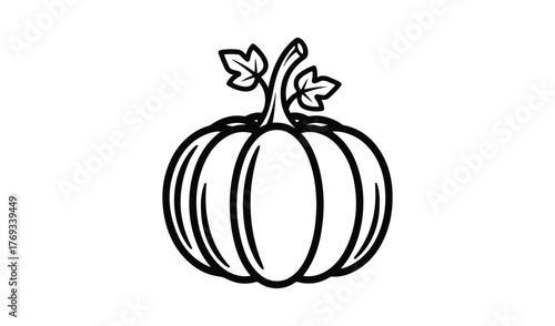Simple outline drawing of a pumpkin with stem and leaves
