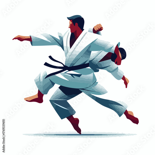 Judoka performs a throw with a simple and minimalist flat design using a white background.