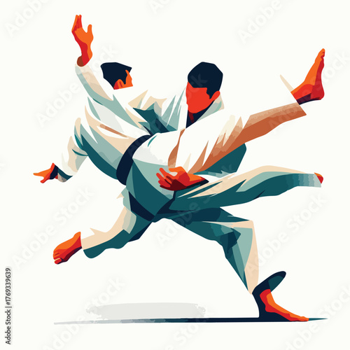 Judoka performs a throw with a simple and minimalist flat design using a white background.