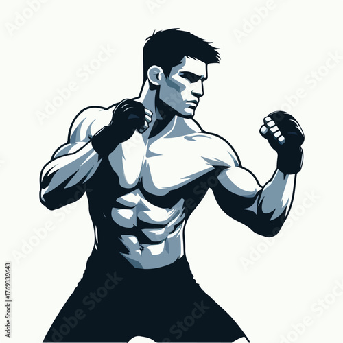 MMA fighter in a ready-to-fight pose with a simple and minimalist flat design using a white background.