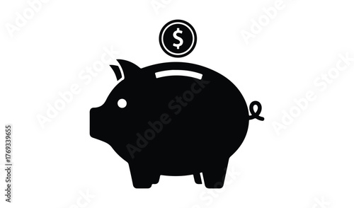 Black silhouette of a piggy bank with a coin dropping into the slot