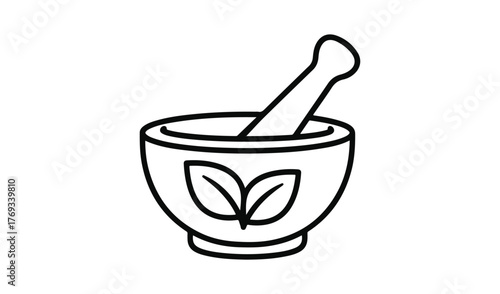 Simple line drawing of a mortar and pestle with leaves