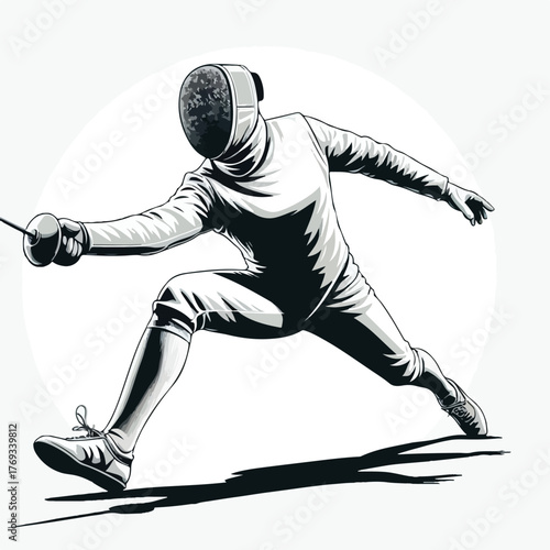 Fencer (fencing athlete) is attacking with a simple and minimalist flat design using a white background.