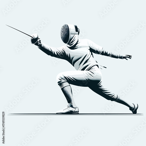 Fencer (fencing athlete) is attacking with a simple and minimalist flat design using a white background.