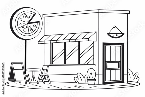 a flat-style vector illustration of a pizza restaurant exterior in black and white, with a circular sign showing a pizza slice, window seating, and an open sign. Outlined in clean black lines 