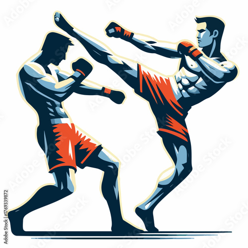 Kickboxer kicking high with a simple and minimalist flat design using a white background.