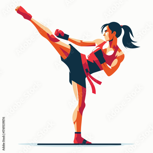 Kickboxer kicking high with a simple and minimalist flat design using a white background.