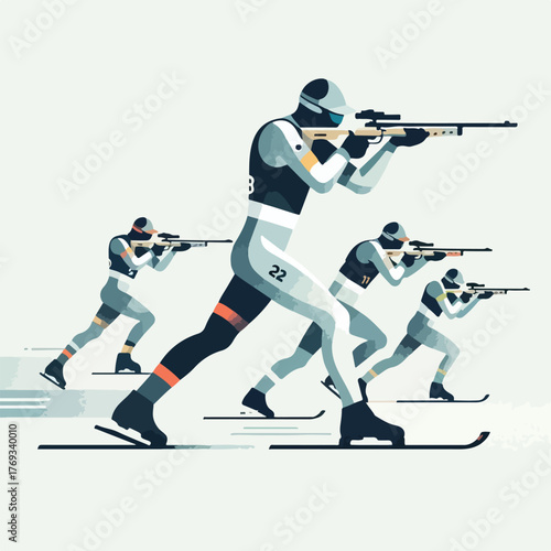 Biathlon athlete carrying a rifle with a simple and minimalist flat design using a white background