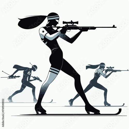 Biathlon athlete carrying a rifle with a simple and minimalist flat design using a white background