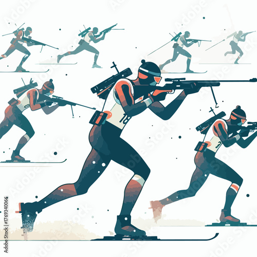 Biathlon athlete carrying a rifle with a simple and minimalist flat design using a white background