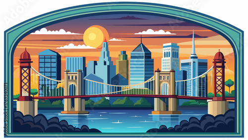 Very beautiful Wilmington skyline framed by the Delaware Memorial Bridge, viewed from New Jersey across the Delaware River, showing modern city buildings and reflections under a calm evening sky.