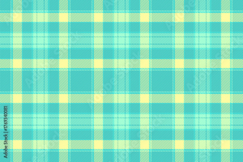 Ragged texture background pattern, korean plaid check vector. Worldwide fabric seamless tartan textile in teal and yellow colors.