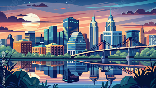 Very beautiful Wilmington skyline framed by the Delaware Memorial Bridge, viewed from New Jersey across the Delaware River, showing modern city buildings and reflections under a calm evening sky.