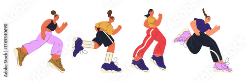 Marathon or sprint runners, isolated people running and exercising. Vector in flat style, men and women keeping fit and training. Sportive athletes, jogging in group, young cool characters in motion