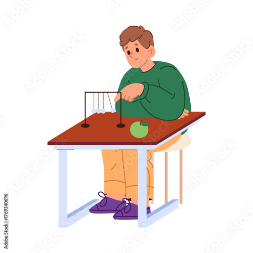 Boy personage learning physics at school. Vector in flat style, isolated child character, schoolboy sitting at desk looking and trying experiment, simple gravity laws. Improvement of skills