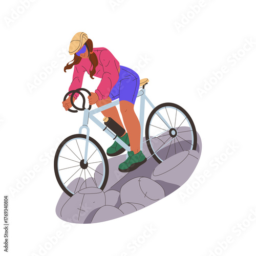 Female character riding sports bike in mountains. Vector in flat style, isolated professional cyclist working out for championship. Riding bicycle for fun or hobby, entertainment and recreation