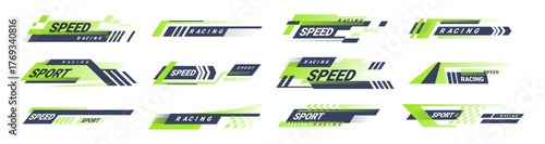 Racing car design, isolated set of race lines for vehicle decoration. Vector in flat style, stickers or stripes for formula 1 drivers, competition and championship. Flag logotype and slogans