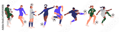 Male and female characters playing football. Vector isolated personages kicking balls, motion and activity. Professional match of athletes. Movements and lifestyle of girls and boys. Players of soccer
