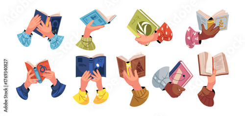 Diverse people holding books. Vector individuals exchanging, borrowing and recommending literature. Hands with publications or notebooks. Persons with textbooks or novels. Education and leisure time