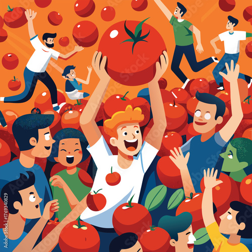 Joyful Tomato Festival Celebration – Animated Crowd with Fresh Produce Vector