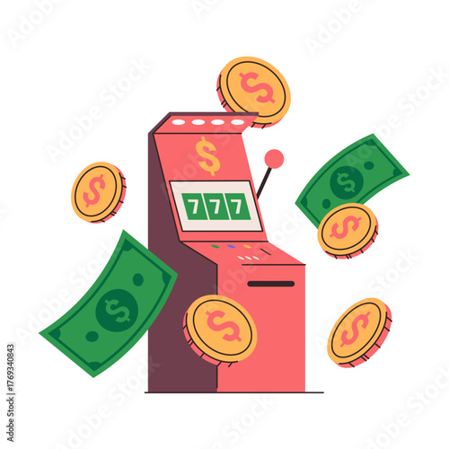 Slot machine and money, isolated game with lucky triple sevens, banknote dollars and coins. Vector gambling playing and winning online or in casino. Amusement and success, resting in vegas