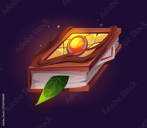 Glowing magic book with crystal or gem on cover, leaf as bookmark. Vector isolated manuscript or grimoire of witch personage in game. Wizardry and witchcraft asset, mystic spells and recipes