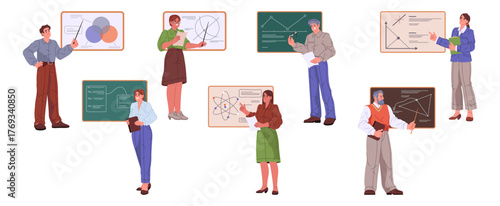 Teachers and scientists standing by boards and teaching various subjects. Vector isolated professors educating chemistry and physics, mathematics and social sciences. Characters with pointers