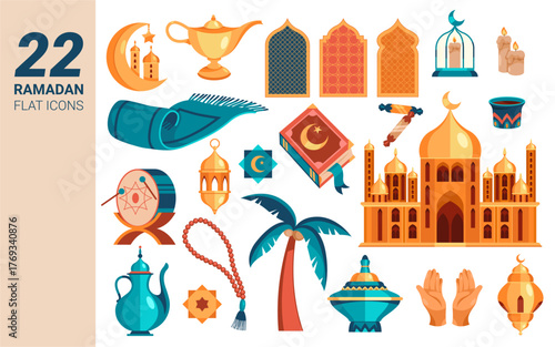 Islamic symbols and decorations set, traditions during month of Ramadan. Vector isolated lanterns and windows, prayer mats and mosque, crescent moon and Quran, prayer rug and dates, candles and hands