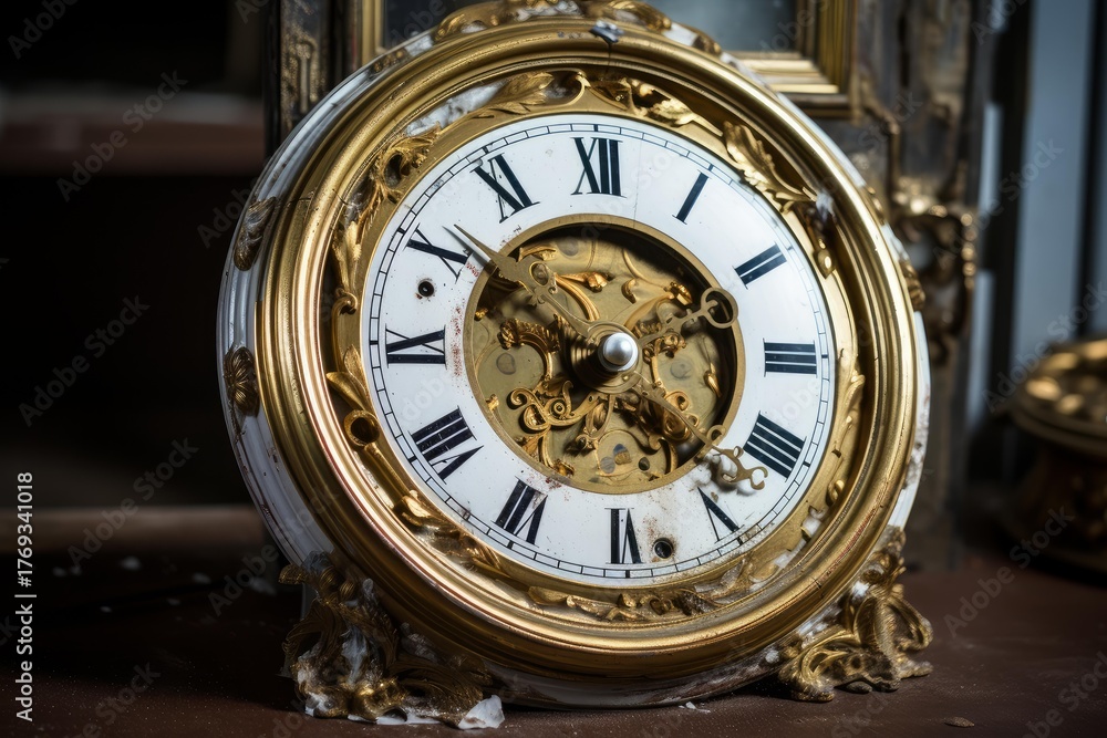 Fototapeta premium Ornate antique clock with visible gears sits on a shelf, showcasing intricate details and the passage of time