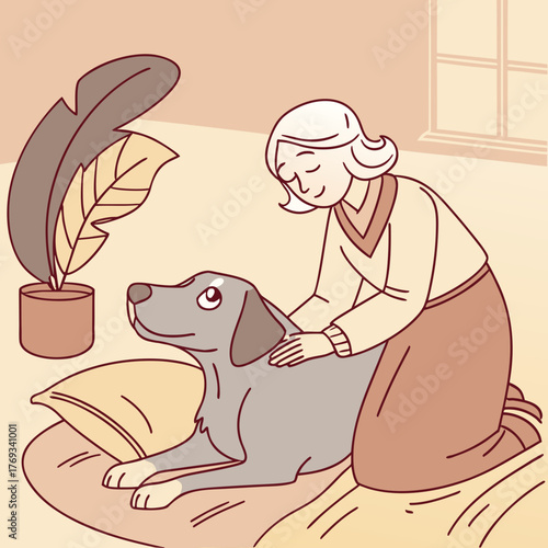 Senior woman caring for her dog in a cozy indoor setting