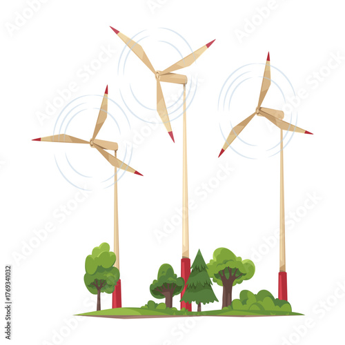 Power plant sustainable and renewable energy generation. Vector isolated wind turbines rotating and accumulating electricity. Ecological living and environmental care, innovating technologies