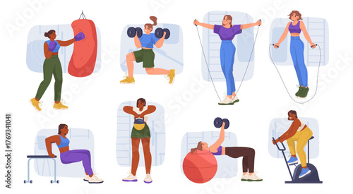 Exercises and working out. Vector isolated female characters in gym training and doing push ups and squats. Using ball and orbitrek, bike and skipping rope. Active lifestyle and strengthening