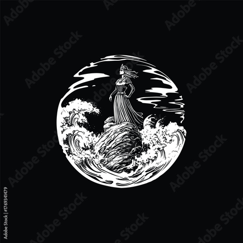 High-contrast vector illustration of a regal female figure or water goddess standing on a rock surrounded by ocean waves, enclosed in a dramatic circular frame.