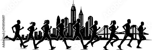 Silhouette of Runners in Motion with Cityscape Backdrop Black and White.