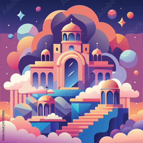 Mystical Celestial Palace in Space Vector - Fantasy Dreamscape Temple with Clouds and Planets