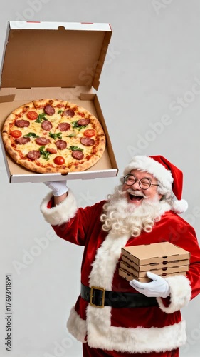 jovial Santa Claus holds pizza box with festive toppings against gray background, conveying holiday joy and celebration, winter holiday spirit, Christmas, joyful pizza, festive delivery, family cheer