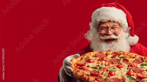 jovial Santa Claus holds pepperoni pizza against red background, beaming with joy and excitement, conveying festive, family-oriented atmosphere, winter celebration, joyful family moment