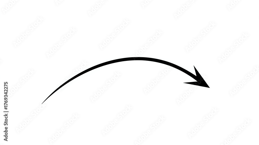 Obraz premium Curved black arrow pointing right and downward on white background, isolated design element for presentations and infographics.