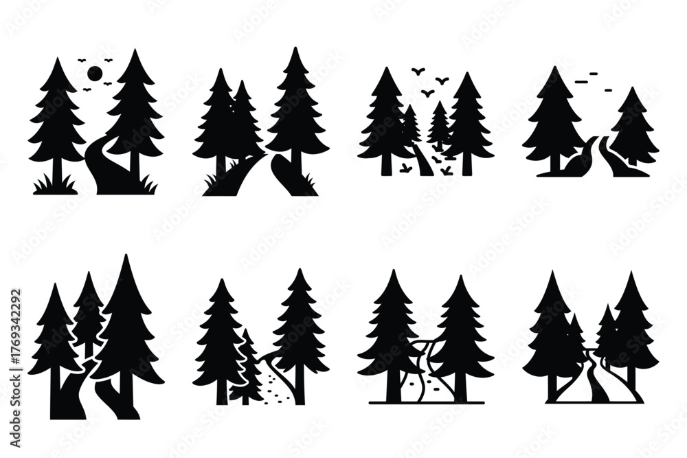 Obraz premium forest path silhouette vector illustration icon set