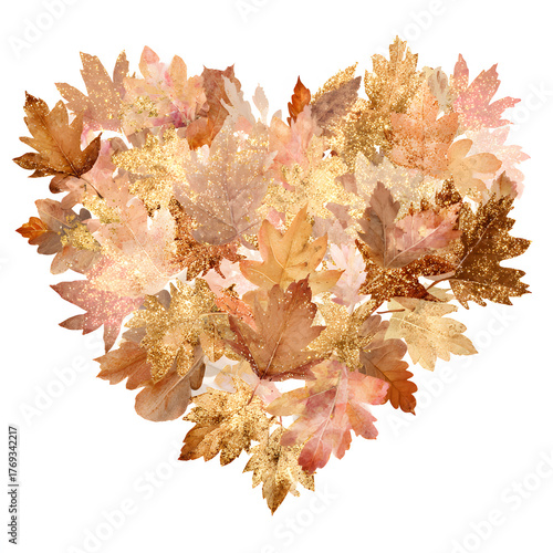 Vector composition of autumn maple leaves in heart shape with golden glitter texture, elegant fall foliage design for seasonal greeting, romantic decoration and Thanksgiving celebration