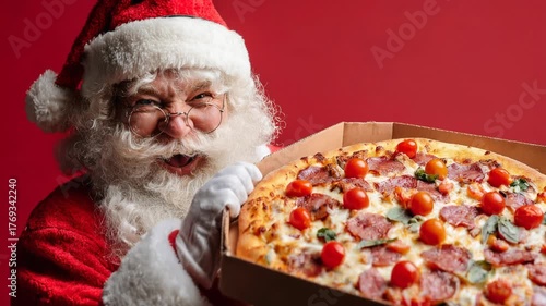 jovial Santa Claus holds pizza box with festive toppings against red backdrop, radiating joy and celebration, winter holiday spirit, Christmas, joyful family moment, festive dining, cozy winter