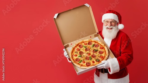 jovial Santa in red suit holds open pizza box with large pizza, displaying surprised expression and wide eyes, in festive winter scene., joyful surprise, holiday treat, cozy delight