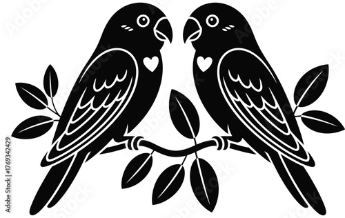 Adobe IllusLove birds silhouette of romantic parrots sitting closely on a tree branch, beautiful couple animal illustration symbolizing affection, Valentine’s Day theme, wedding decoratitrator Artwork