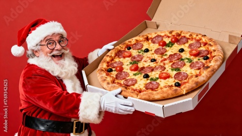 jovial Caucasian Santa Claus holds pizza box with pepperoni and toppings, smiling directly at camera in festive red setting, evoking joyful celebration, winter holiday spirit, family, happiness, food