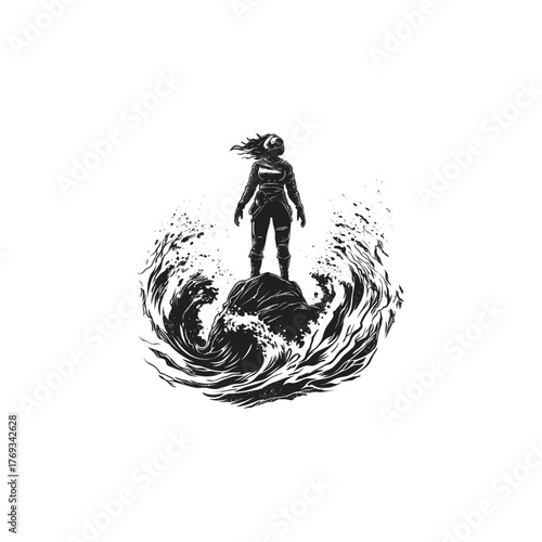 Monochromatic vector illustration of a determined female adventurer or explorer standing on a rock amid powerful, crashing ocean waves, symbolizing resilience and challenge.