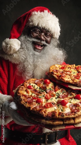 Caucasian adult in red suit with white fur, holds two pizzas with toppings against dark background, expressing joy and celebration, winter holiday spirit, festive occasion, pizza party, happiness