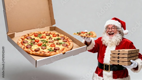 Jovial Santa Claus holds open pizza box with slice, smiling broadly in traditional red and white attire, conveying joyful and festive atmosphere, Christmas, holiday spirit, delicious treat