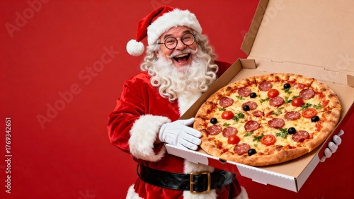 jovial Santa Claus holds pizza box with pepperoni and olives, in bright, red-themed scene, conveying joy and celebration, Christmas, winter holiday spirit, joyful family moment, festive cheer