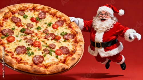 Santa Claus, in red suit, presents pepperoni pizza on metal tray, smiling joyfully against red background, evoking warm winter holiday spirit, Christmas, joyful family moment, festive cheer