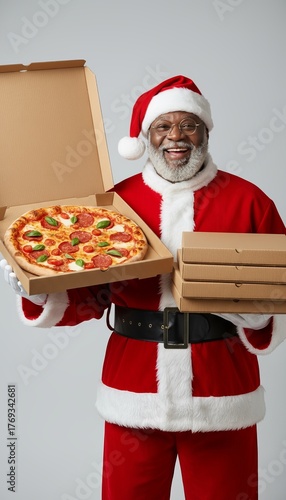 cheerful Caucasian man in red Santa suit holds open pizza boxes, smiling joyfully in light-colored setting, winter holiday spirit, festive cheer, pizza delight, cozy winter, Christmas celebration